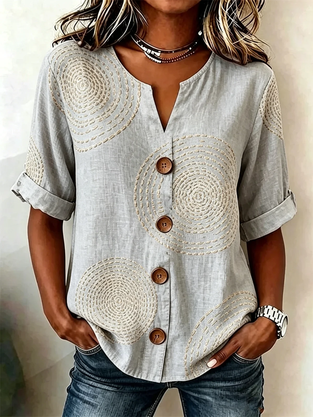 Women's Geometric Print Linen Blend V-Neck Button Front Rolled Sleeve Blouse