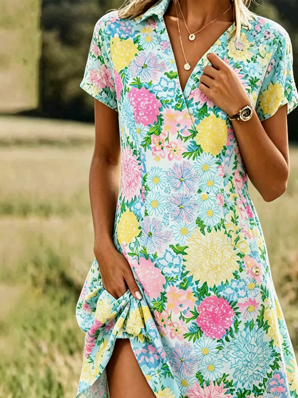 Casual Shawl Collar Loose Shirt Dress With No
