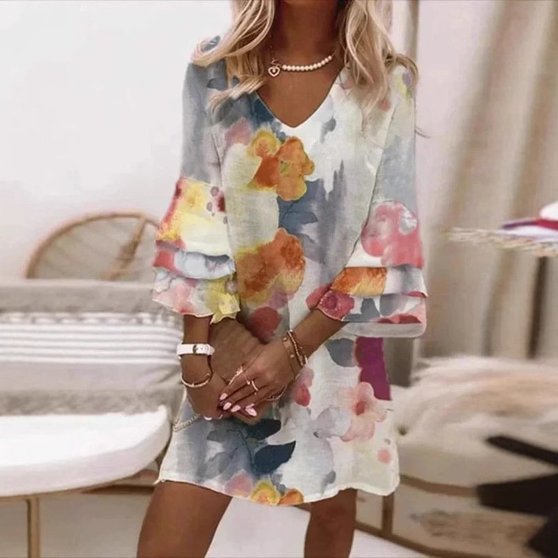 Watercolor Floral Tiered Sleeve Mini Dress - Boho V Neck Casual Summer Shift Dress