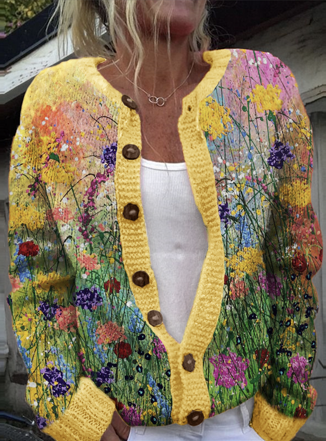 Retro plant flower button cardigan