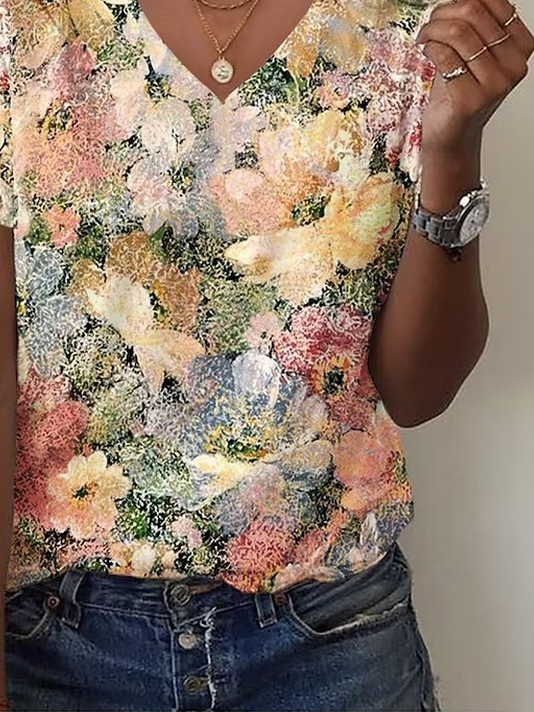 Print Casual V Neck Short Sleeve T-Shirt