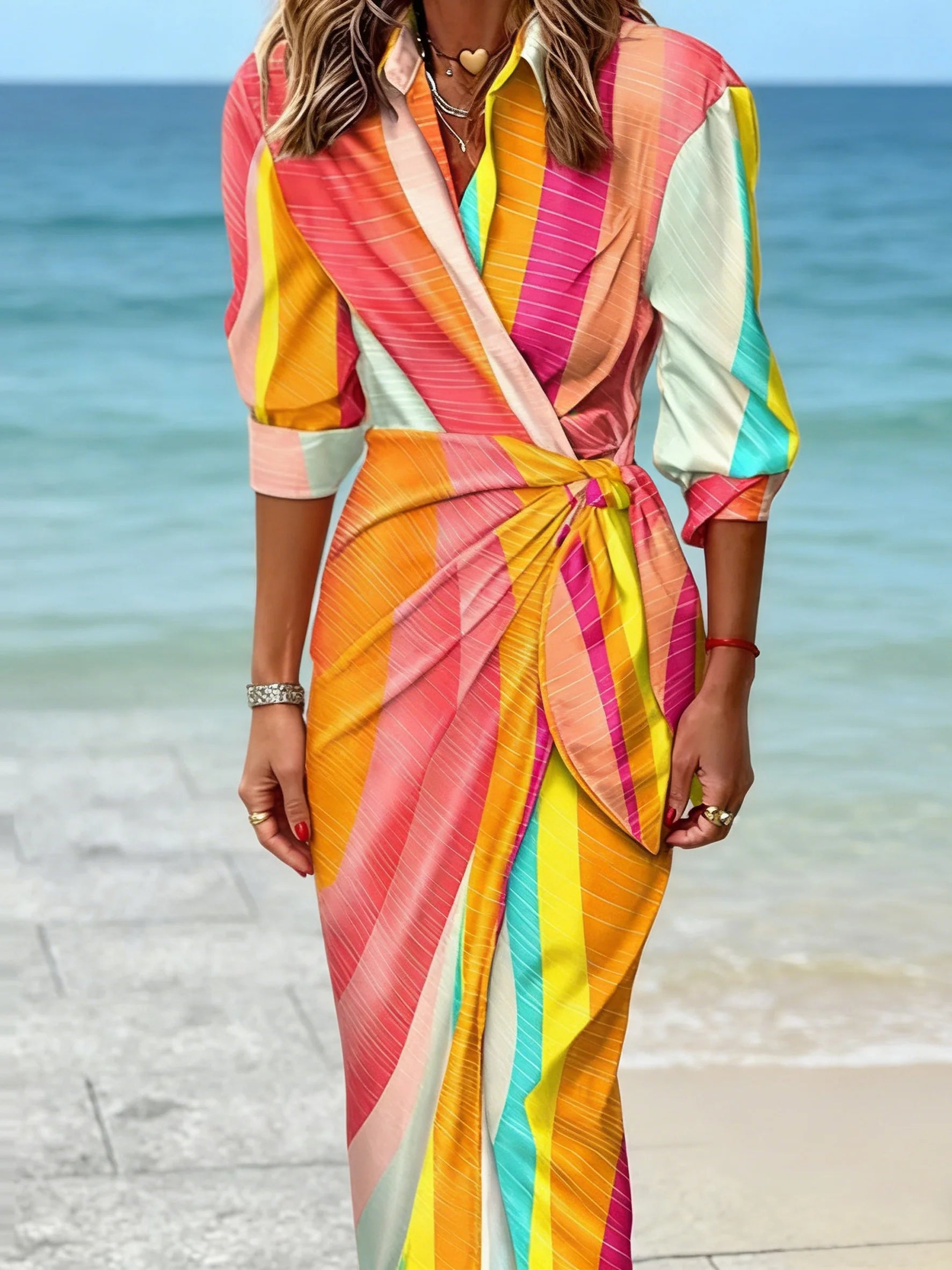 Abstract Stripe Printing V Neck Elegant Going Out Maxi Wrap Dress