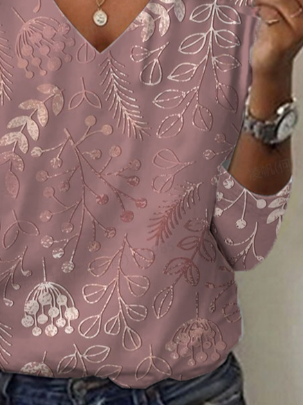 Women's Floral Spring Print Casual V-Neck Long Sleeve T-Shirt