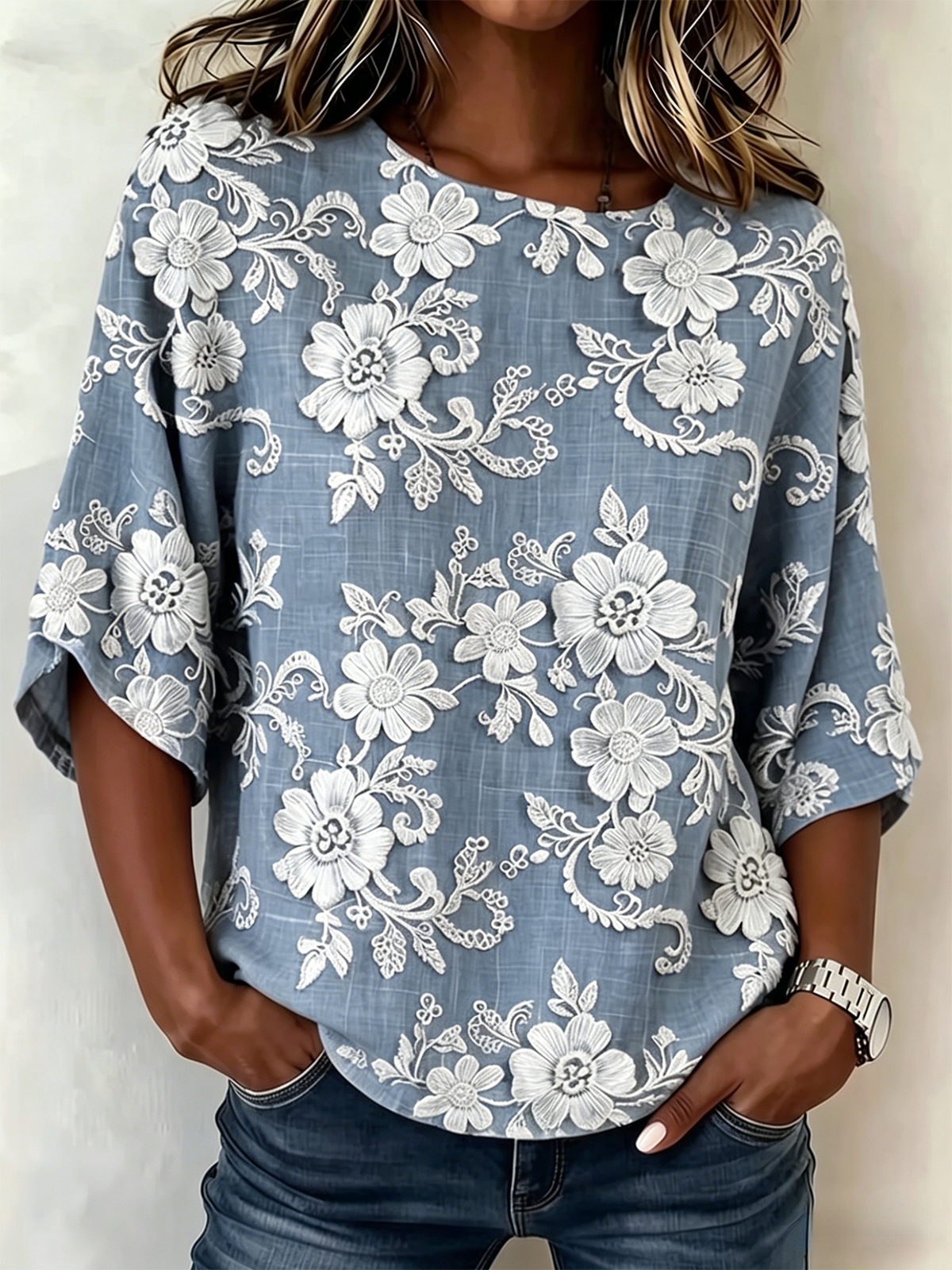 Light Brown 3D Flower Print Round Neck 3/4 Sleeve Blouse