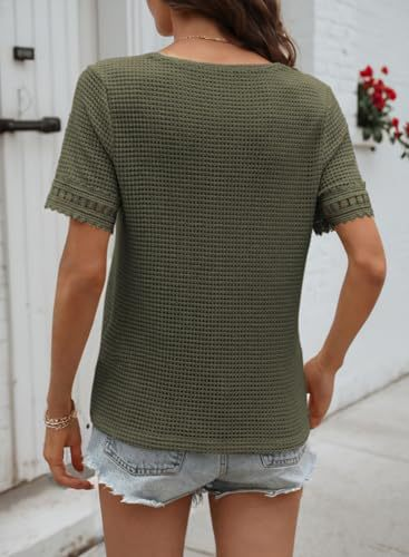 Knitted Lace Block V Neck Short Sleeve Casual T-Shirt