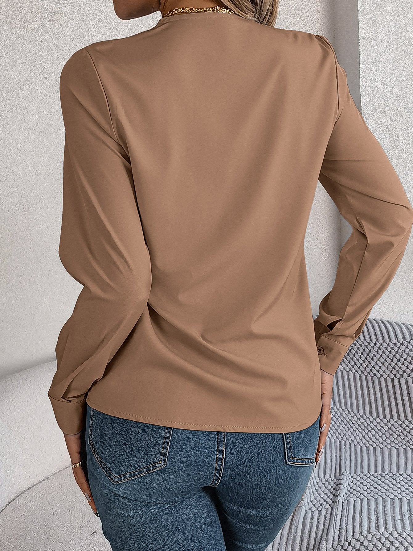 Women's Long Sleeve Shirt Spring/Fall White Plain Split Joint Tencel Fiber V Neck Daily Going Out Casual Top