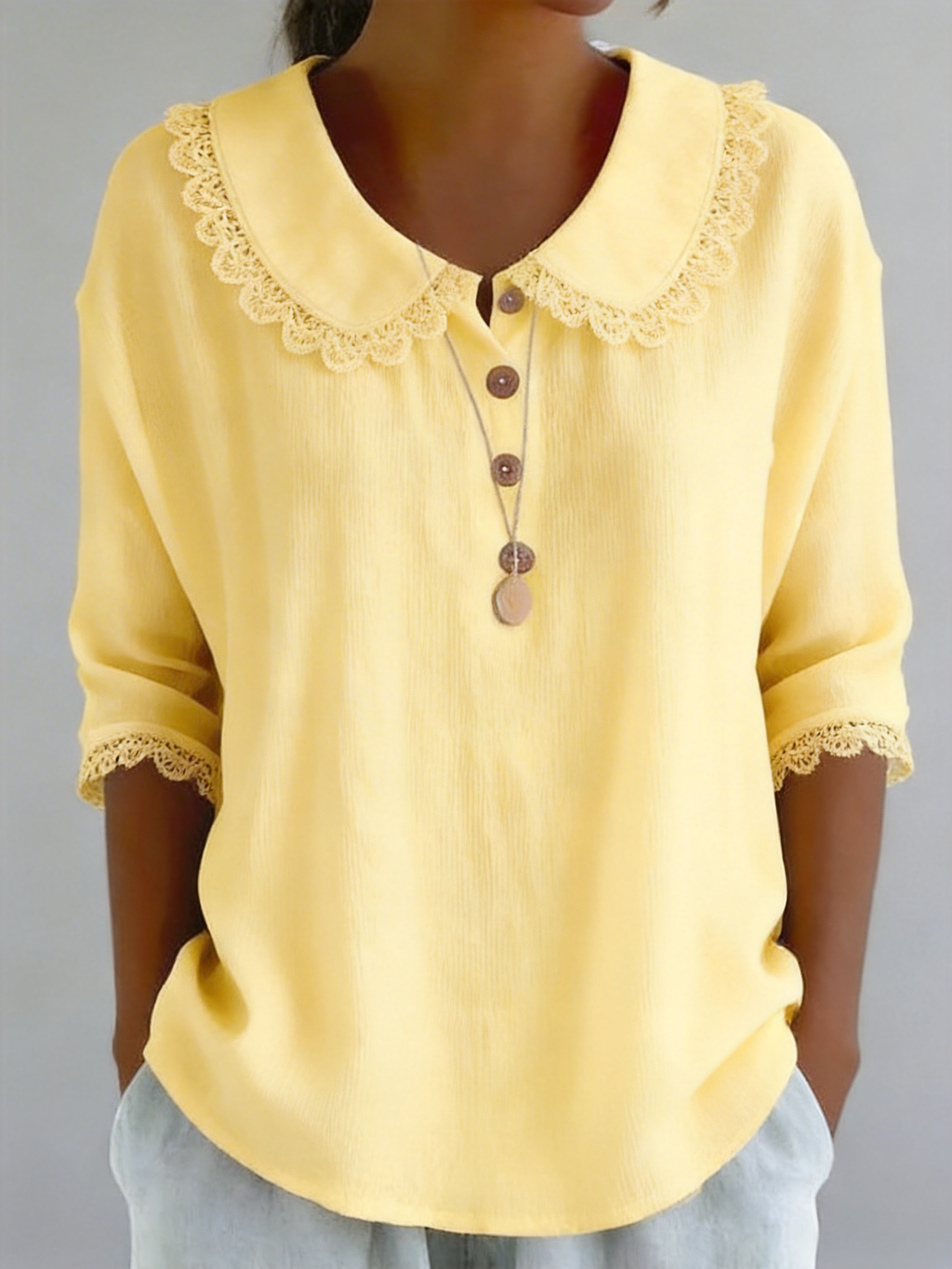 Casual Plain Short Sleeve Round Neck Button Lace Trim Summer Going Out Casual Blouse