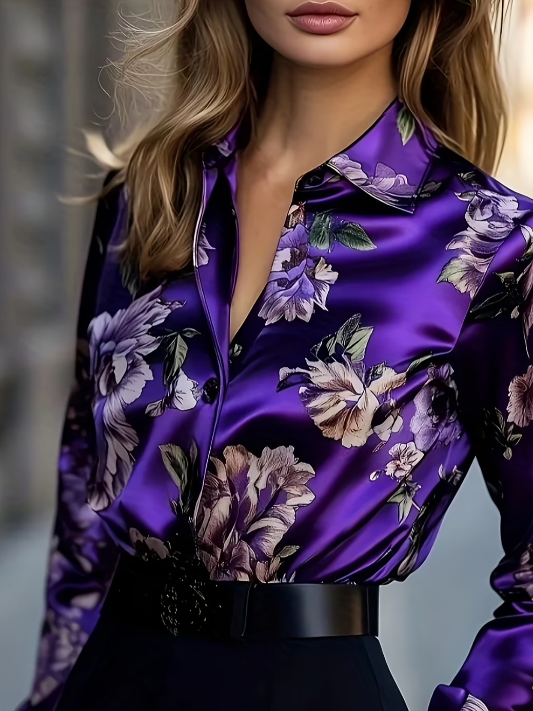 Women's Long Sleeve Shirt Spring/Fall Purple Floral Shawl Collar Daily Going Out Casual Top