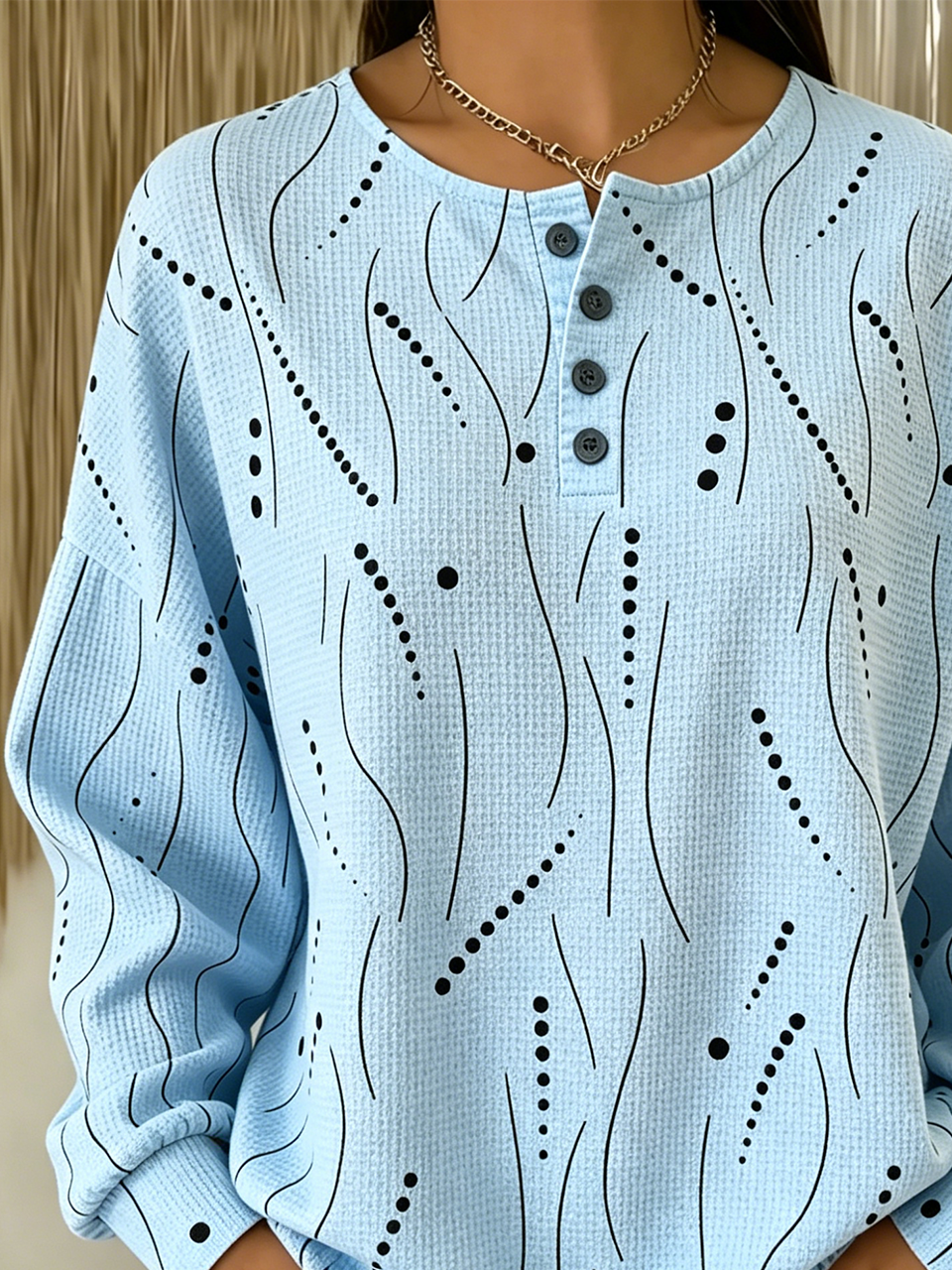 Casual Geometric Line & Dot Print Henley Neck Sweatshirt
