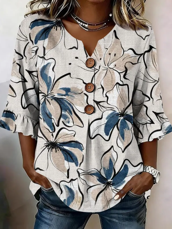 Women's Half Sleeve Blouse Summer As Picture Floral Printing V Neck Daily Going Out Vintage Top