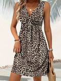 Leopard Print Sleeveless V Neck Knot Design Going Out Casual Dress