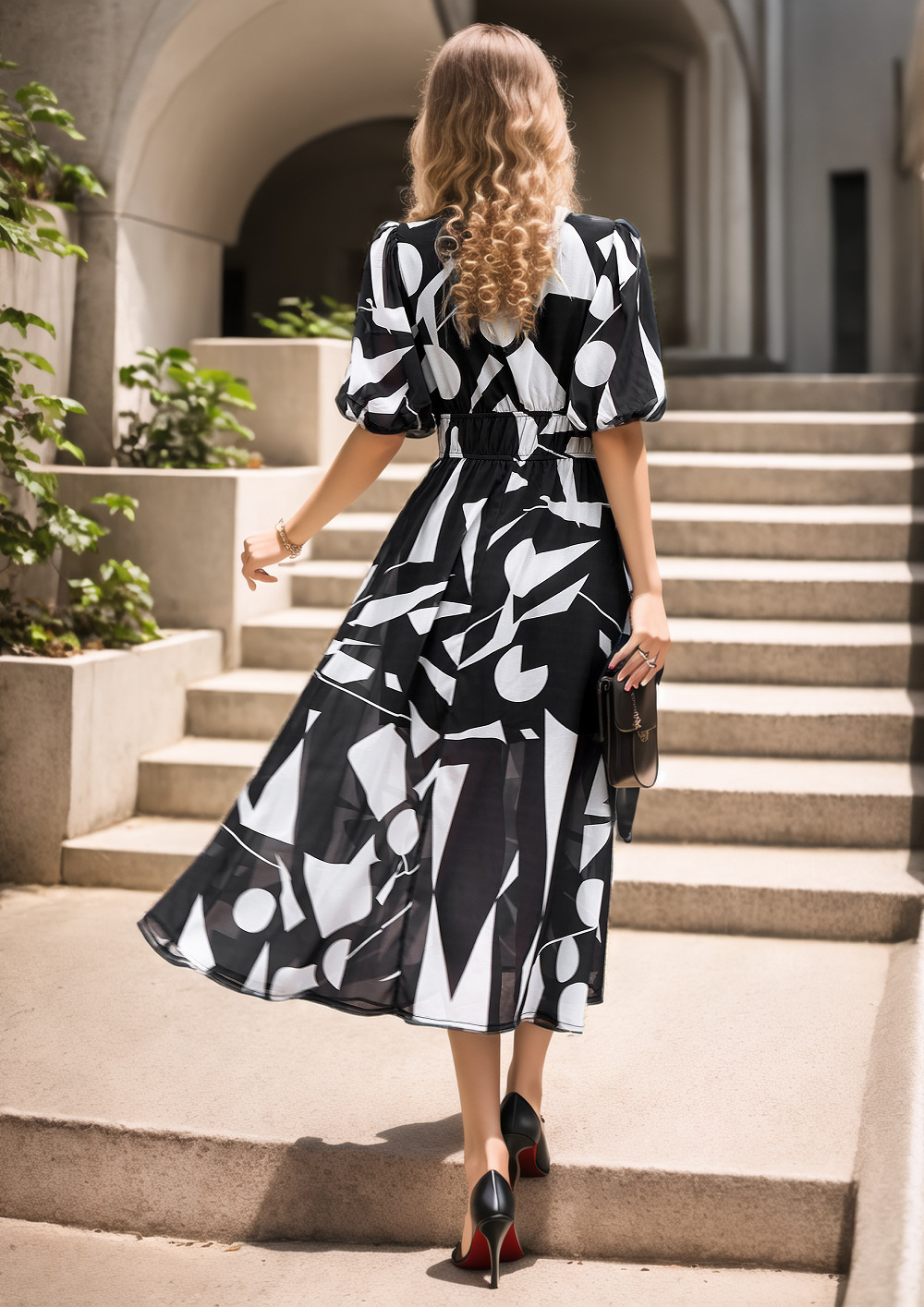 Puff Sleeve V Neck Floral Elegant Dress With No