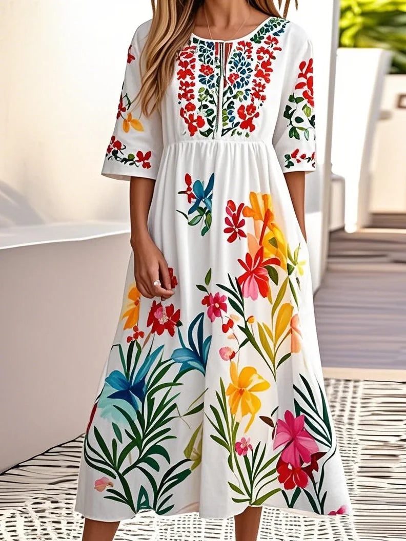 Floral Crew Neck Cotton Casual Dress With No