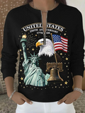 Independence Day Patriotic Long-Sleeved Hoodie with Front Zipper