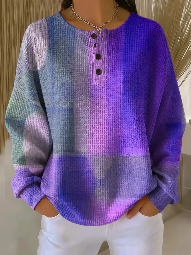 Women's Abstract Print Button-Up Casual Waffle Knit Sweatshirt