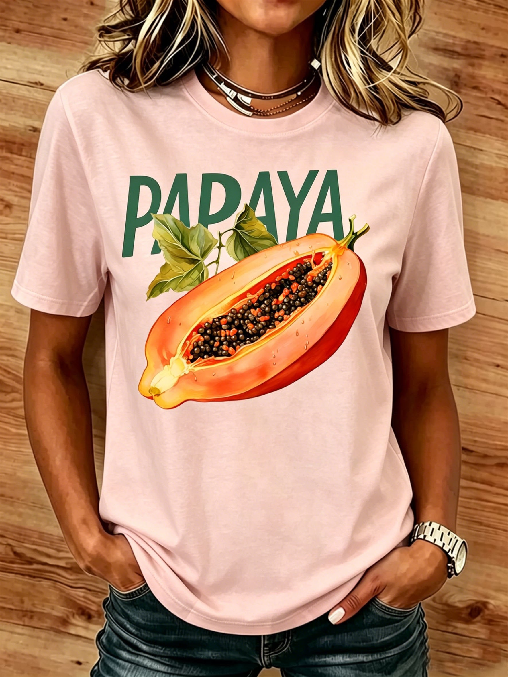 Papaya Fruit Cotton Round Neck Short Sleeve Casual T-Shirt