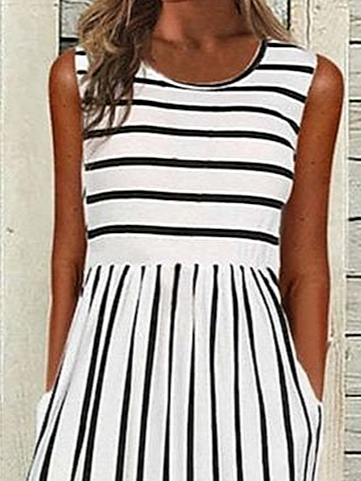 Women's Sleeveless Summer Black Striped Printing Crew Neck Daily Going Out Casual Maxi H-Line Fit & Flare Dress Dress