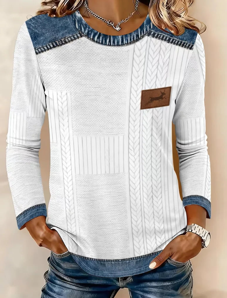 Faux Denim Print Graphic Casual Loose Cotton T-Shirt