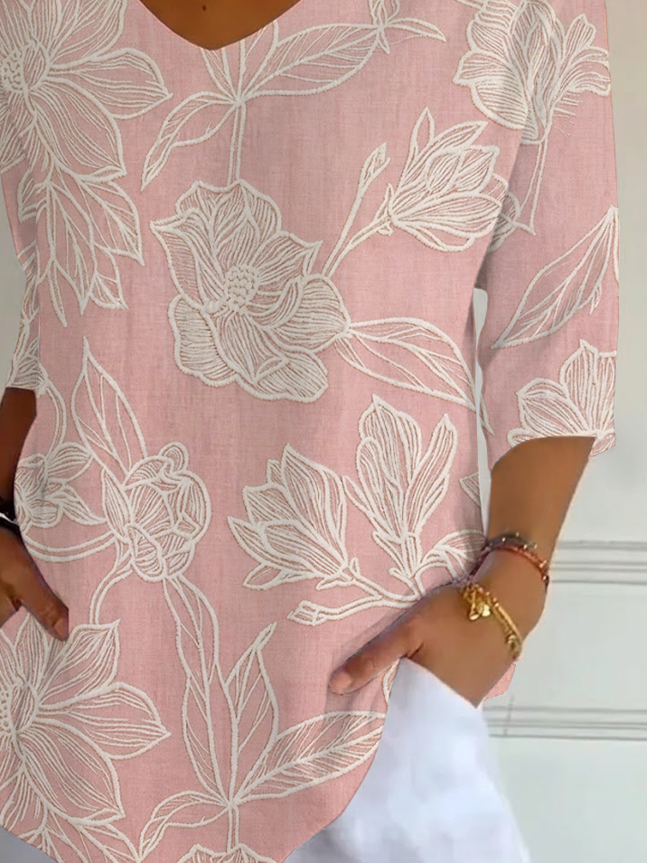 Women's Three Quarter Sleeve T-shirt Spring/Fall Pink Floral Printing V Neck Daily Going Out Casual Top