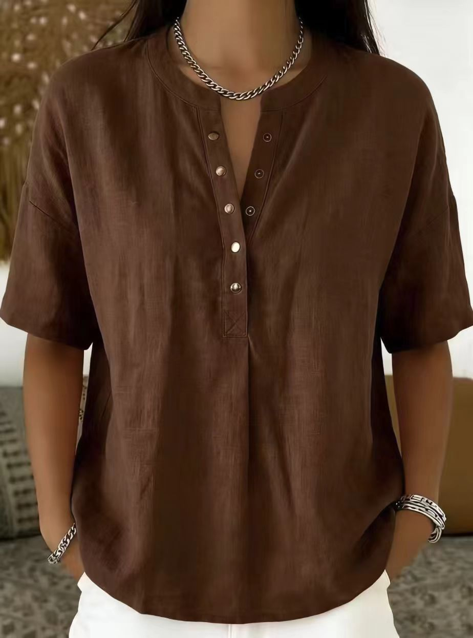 Cotton And Linen Round Neck Short Sleeve Button H-Line Daily Going Out Casual Loose Blouse
