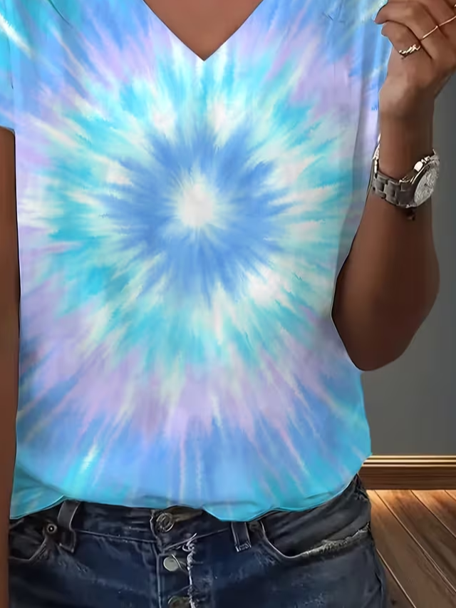 Women's Short Sleeve T-shirt Summer Blue Abstract Printing V Neck Holiday Going Out Vintage Top