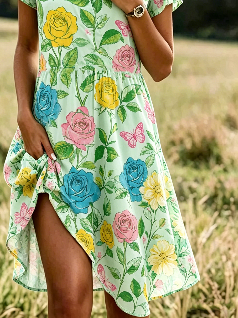 Shawl Collar Elegant Loose Ditsy Floral Shirt Dress With No