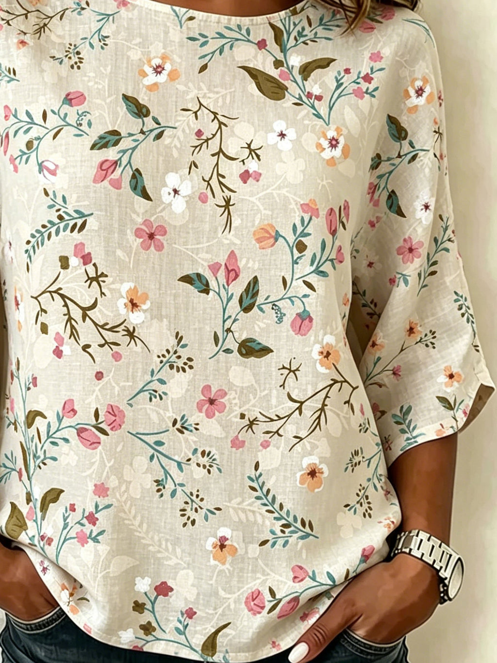Cotton And Linen Floral Vintage Loose Casual Top