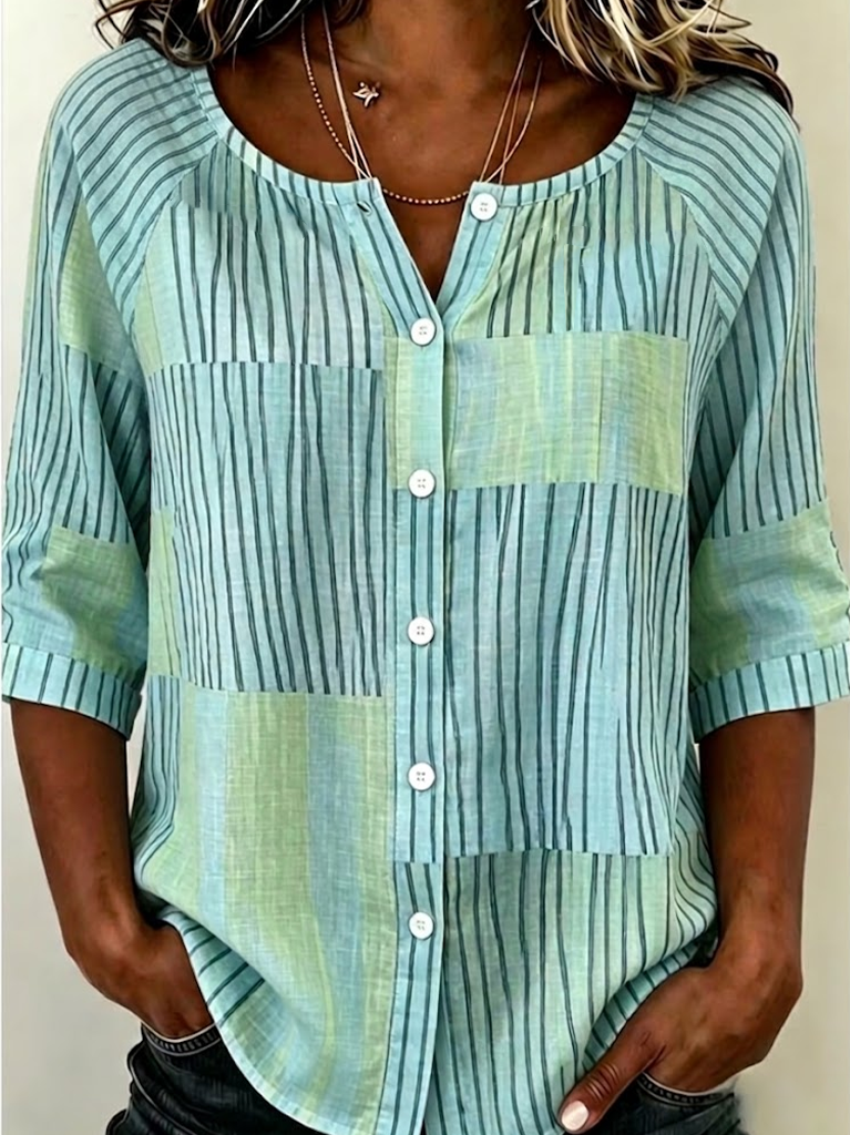 Women's Half Sleeve Shirt Summer Green Striped Buckle Crew Neck Daily Going Out Casual Top