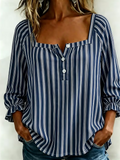 Women's Three Quarter Sleeve Blouse Spring/Fall Navyblue Striped Printing Square Neck Daily Going Out Vintage Top