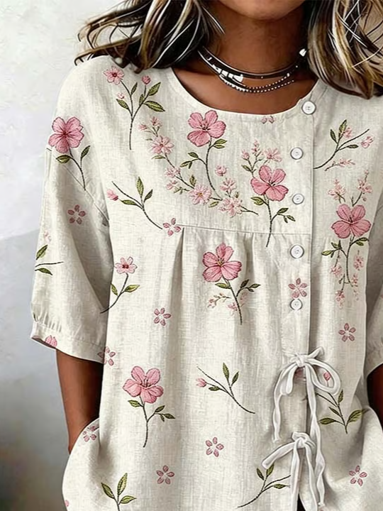 Women's Half Sleeve Shirt Summer Apricot Floral Crew Neck Daily Going Out Vintage Top