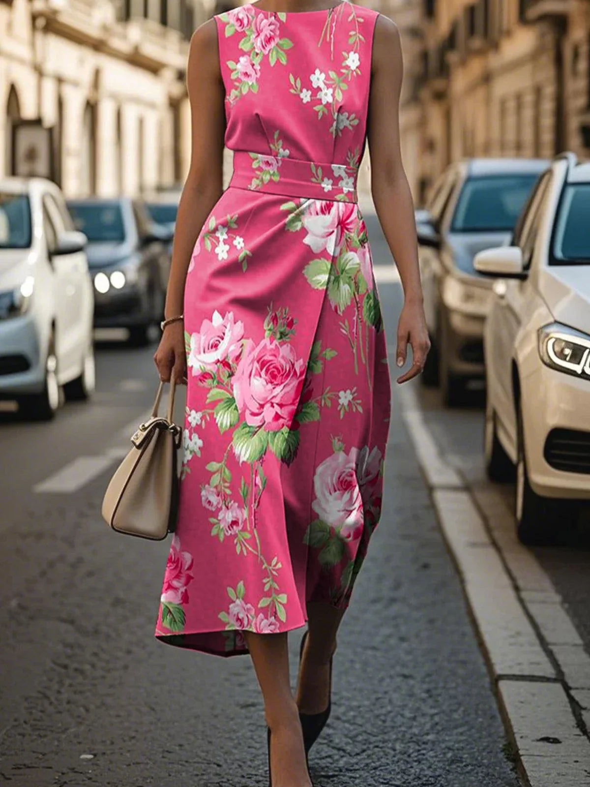 Women’s Elegant Pink Floral Print Sleeveless Midi Dress