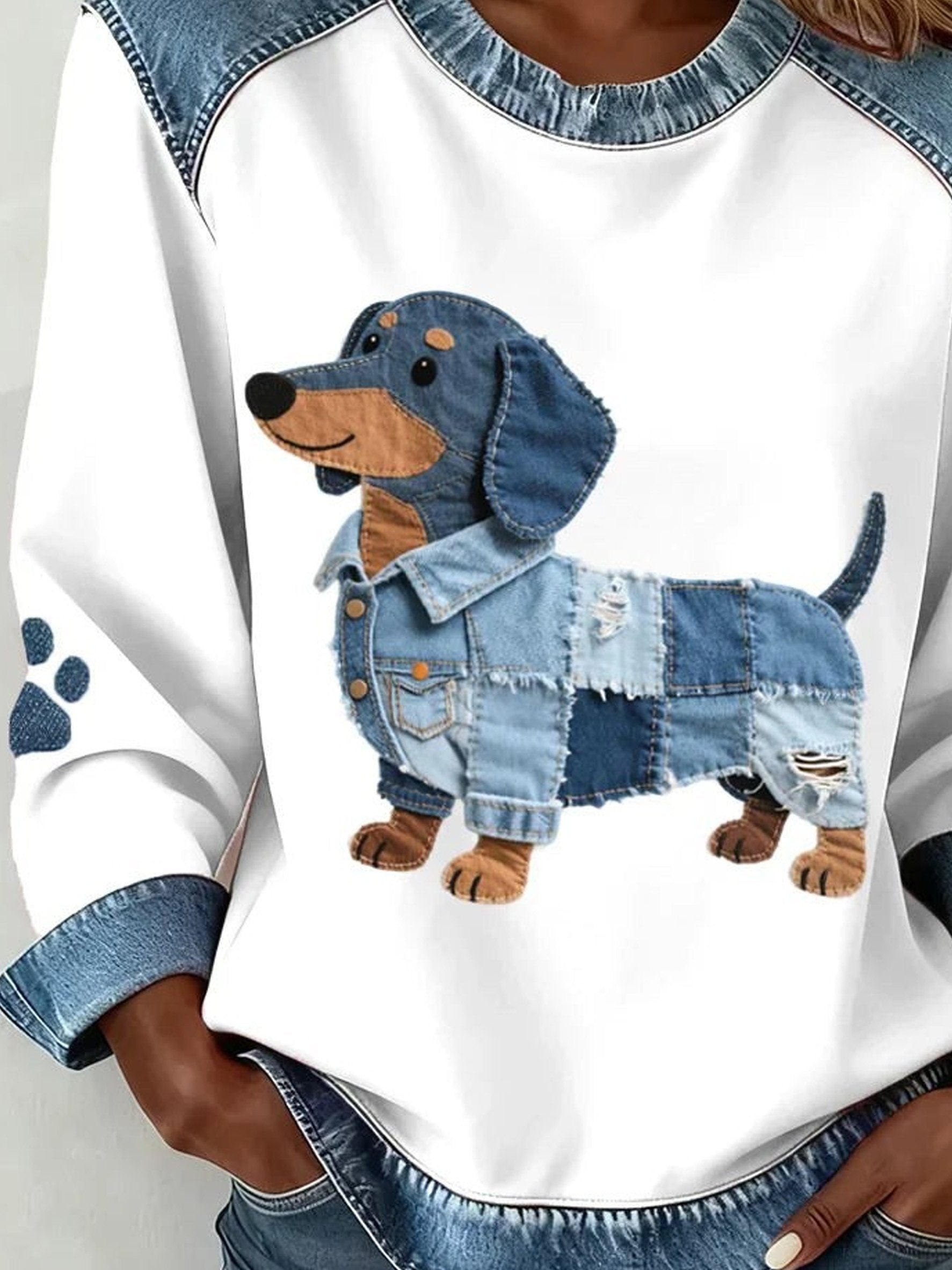 Denim Color Block Animal Crew Neck Long Sleeve Going Out Casual Sweatshirt