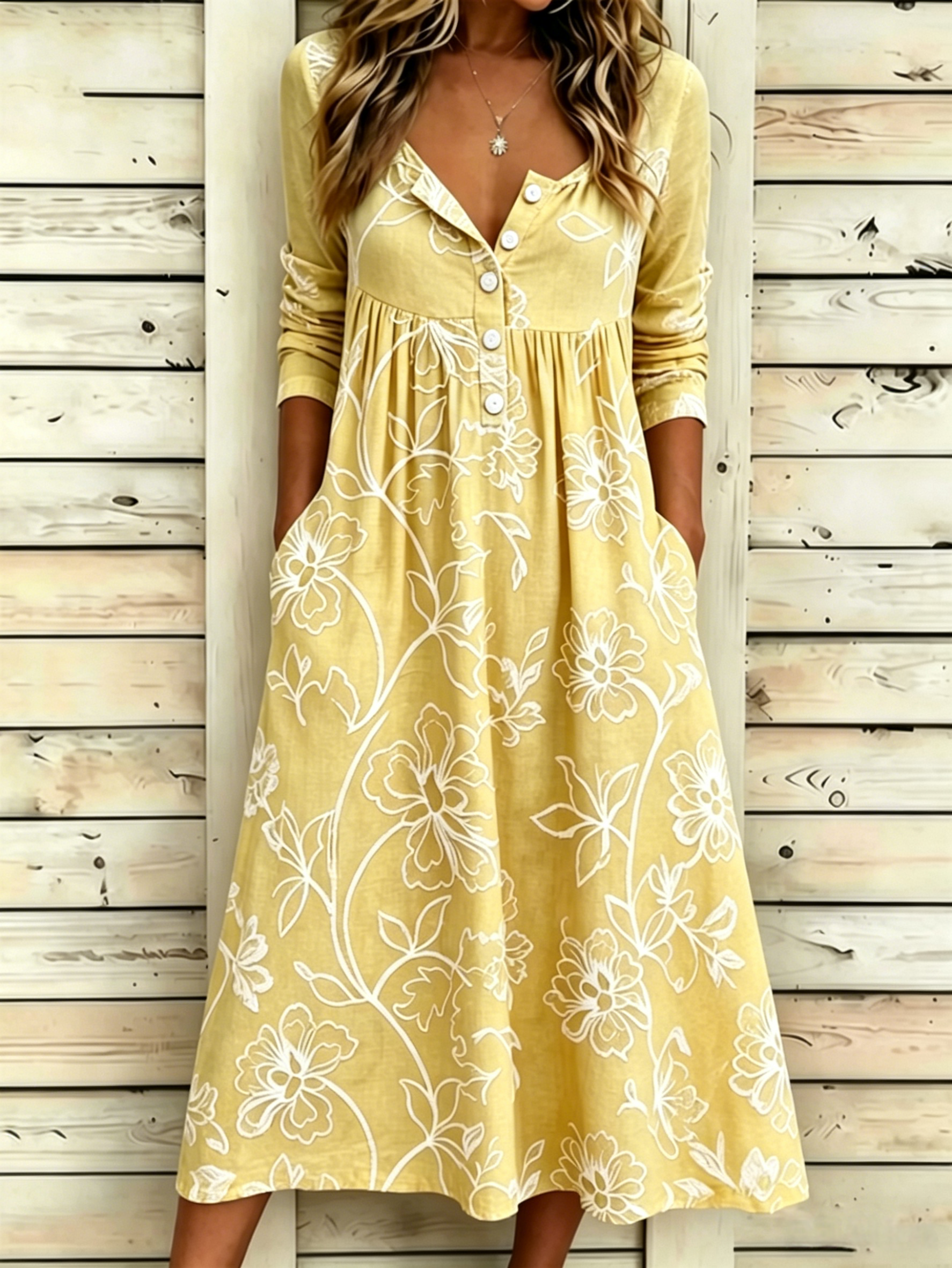 Floral Vintage Half Open Collar Dress With No