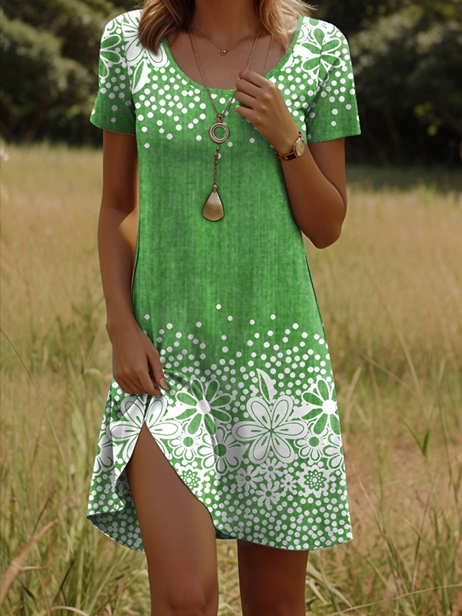 3D Printing Floral Crew Neck Short Sleeve Summer Going Out Dress
