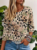 Women's Three Quarter Sleeve T-shirt Spring/Fall Khaki Leopard Crew Neck Daily Going Out Casual Top