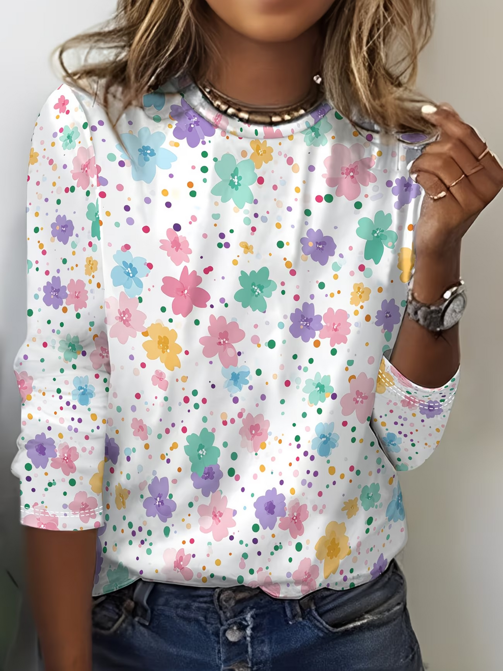 Women's Long Sleeve T-shirt Spring/Fall White Floral Printing Jersey Crew Neck Daily Going Out Casual Top