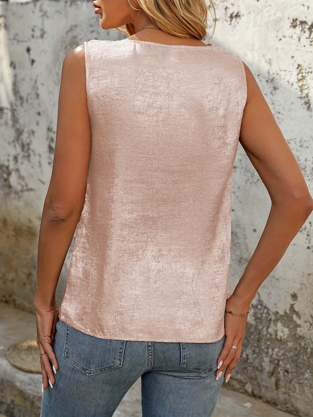 Plain Color Sleeveless Asymmetrical Neck Button Casual Top