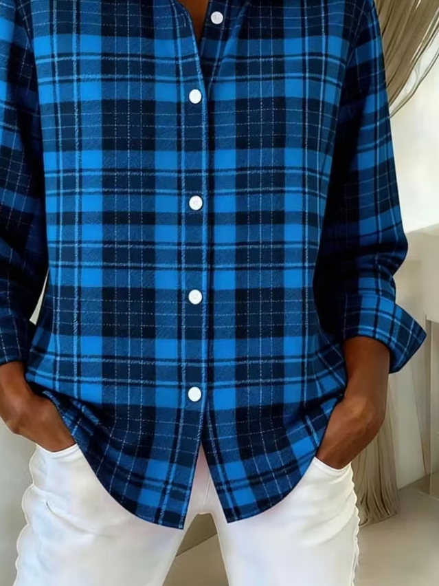Women's Long Sleeve Shirt Spring/Fall Blue Plaid Buckle Shirt Collar Regular Sleeve Daily Going Out Casual Top