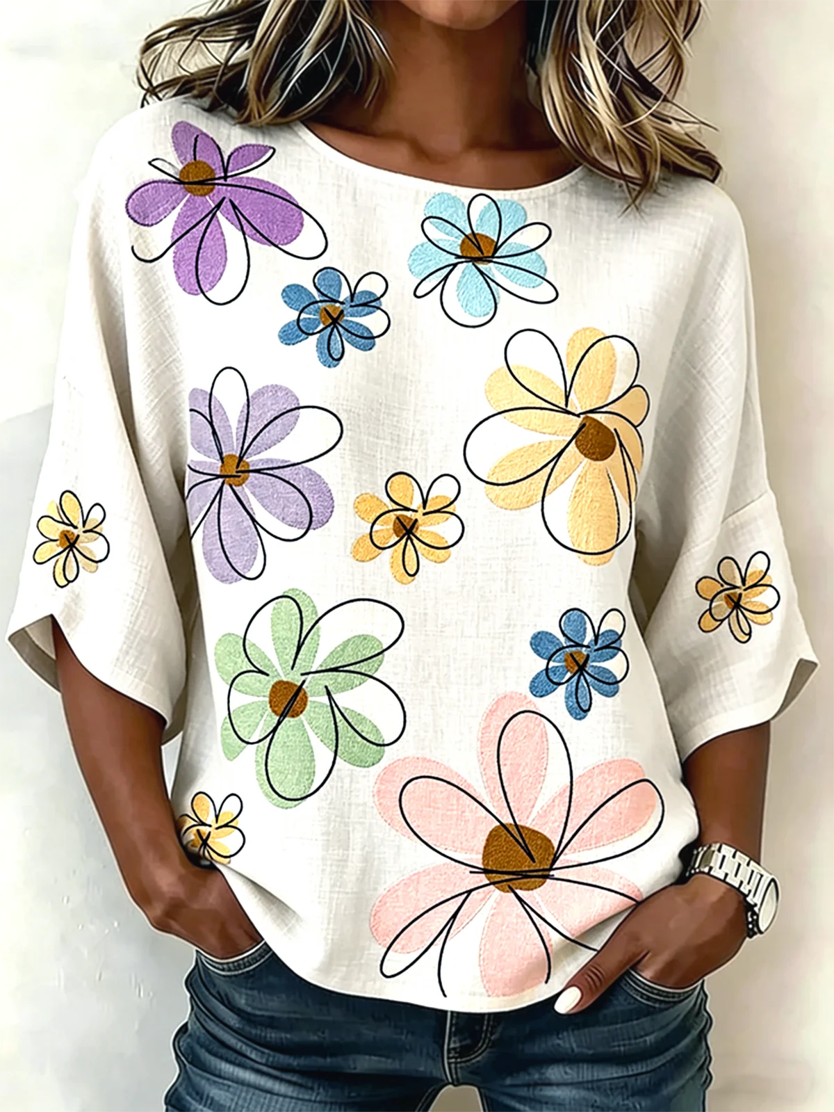 Cotton And Linen Vintage Floral Crew Neck Shirt