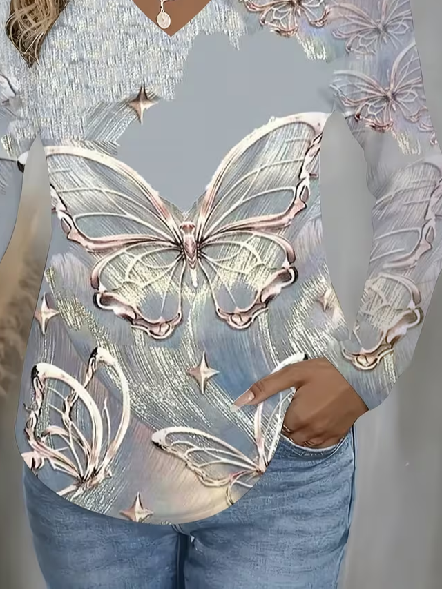 Women's Long Sleeve T-shirt Spring/Fall As Picture Butterfly Printing Jersey V Neck Daily Going Out Casual Top