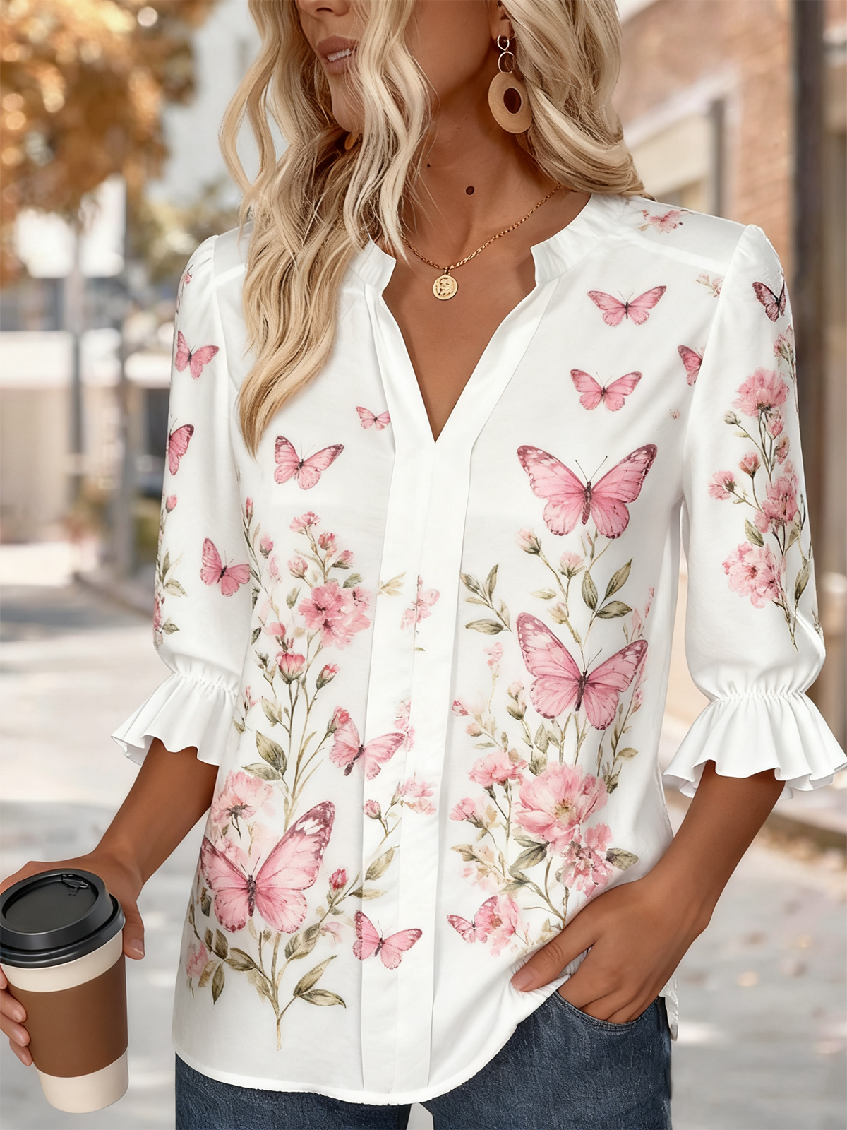 Linen Blend Elegant V Neck Shirt