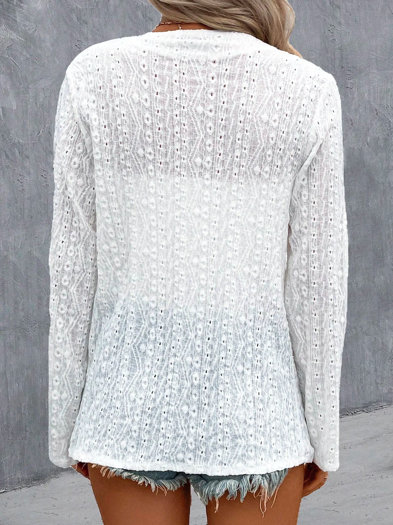 Plain Embroidery Hollow Out Casual Loose 3/4 Sleeve Jacket