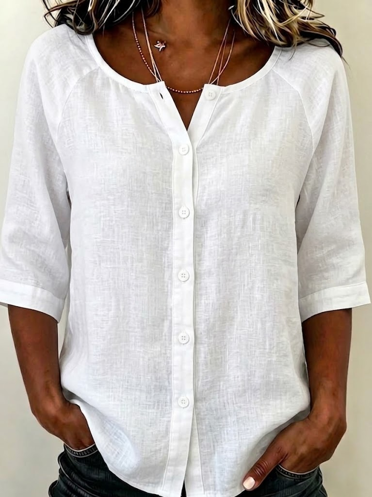 Women's Half Sleeve Shirt Summer White Plain Buckle Crew Neck Daily Going Out Casual Top