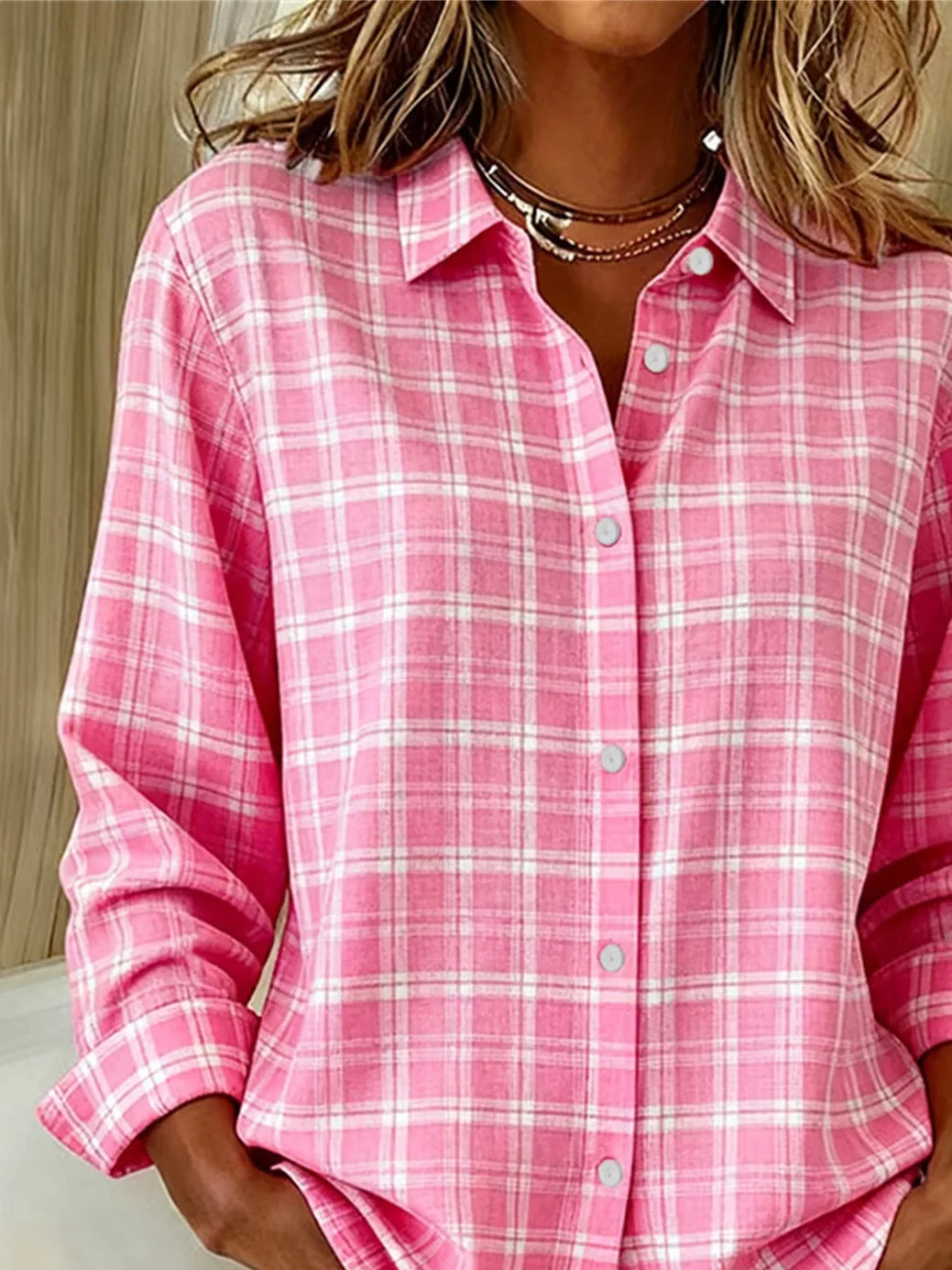 Women's Long Sleeve Shirt Spring/Fall Pink Plaid Buckle Shirt Collar Regular Sleeve Daily Going Out Casual Top