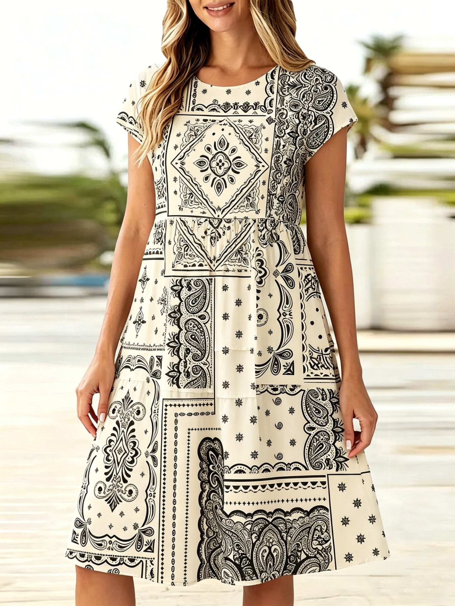 Regular Fit Cotton-Like Crease Casual Crew Neck Cap Sleeve Blue Small Floral Ruffle Hem Dress With No