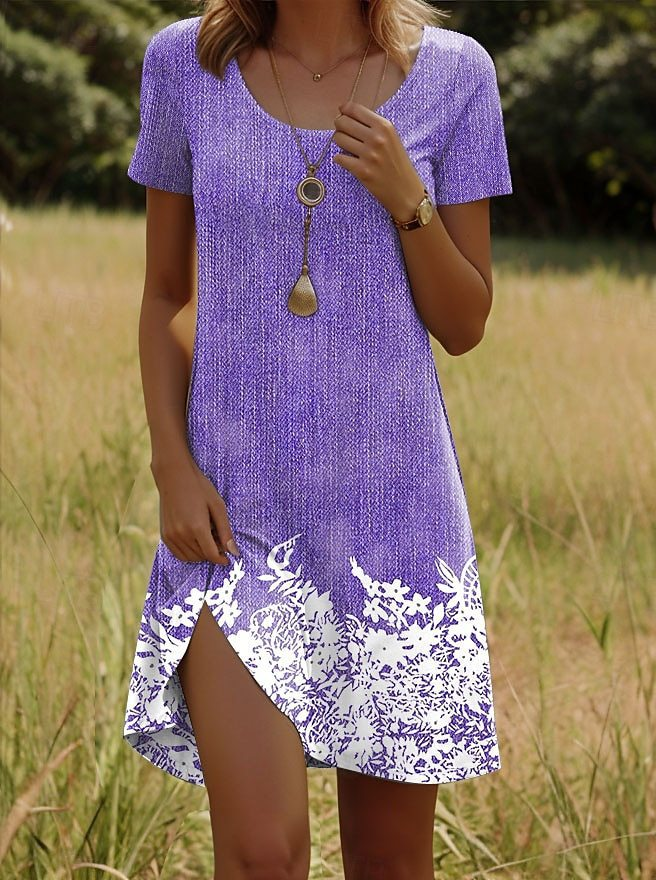 3D Printing Floral Crew Neck Short Sleeve Summer Going Out Dress