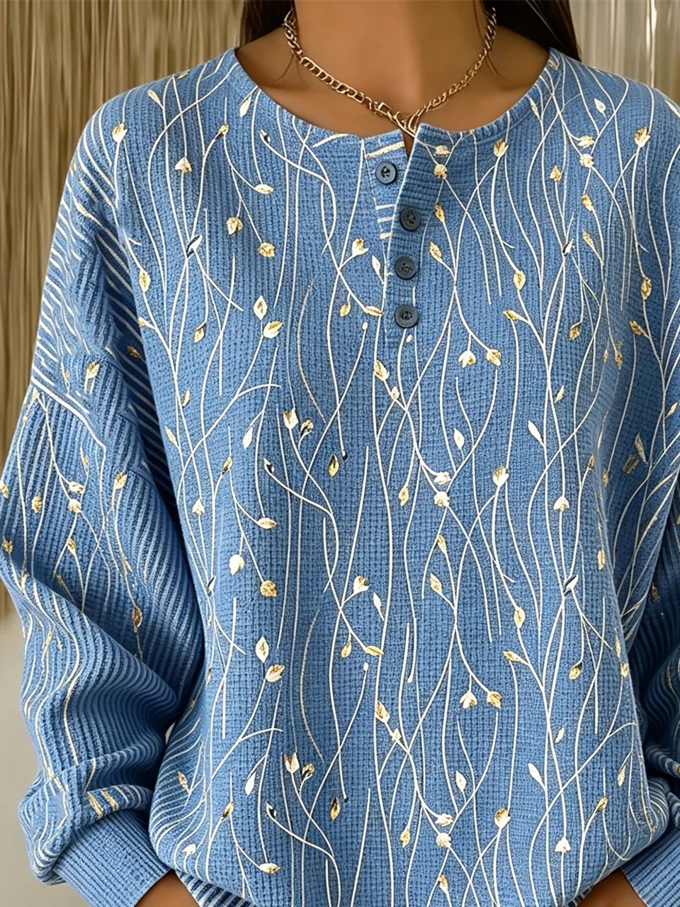 Women's Lightweight Floral Branch Print Henley Long Sleeve Sweatshirt