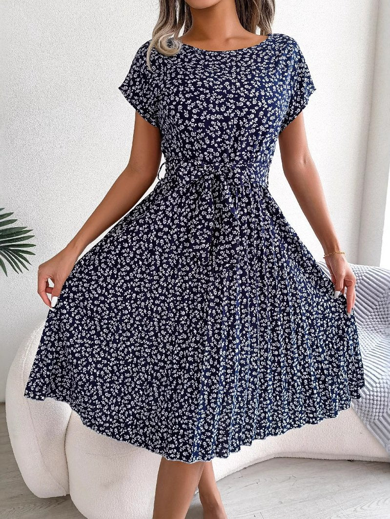 Women's Short Sleeve Summer Light Blue Floral Split Joint Crew Neck Daily Going Out Vintage Midi A-Line Pleated Dress