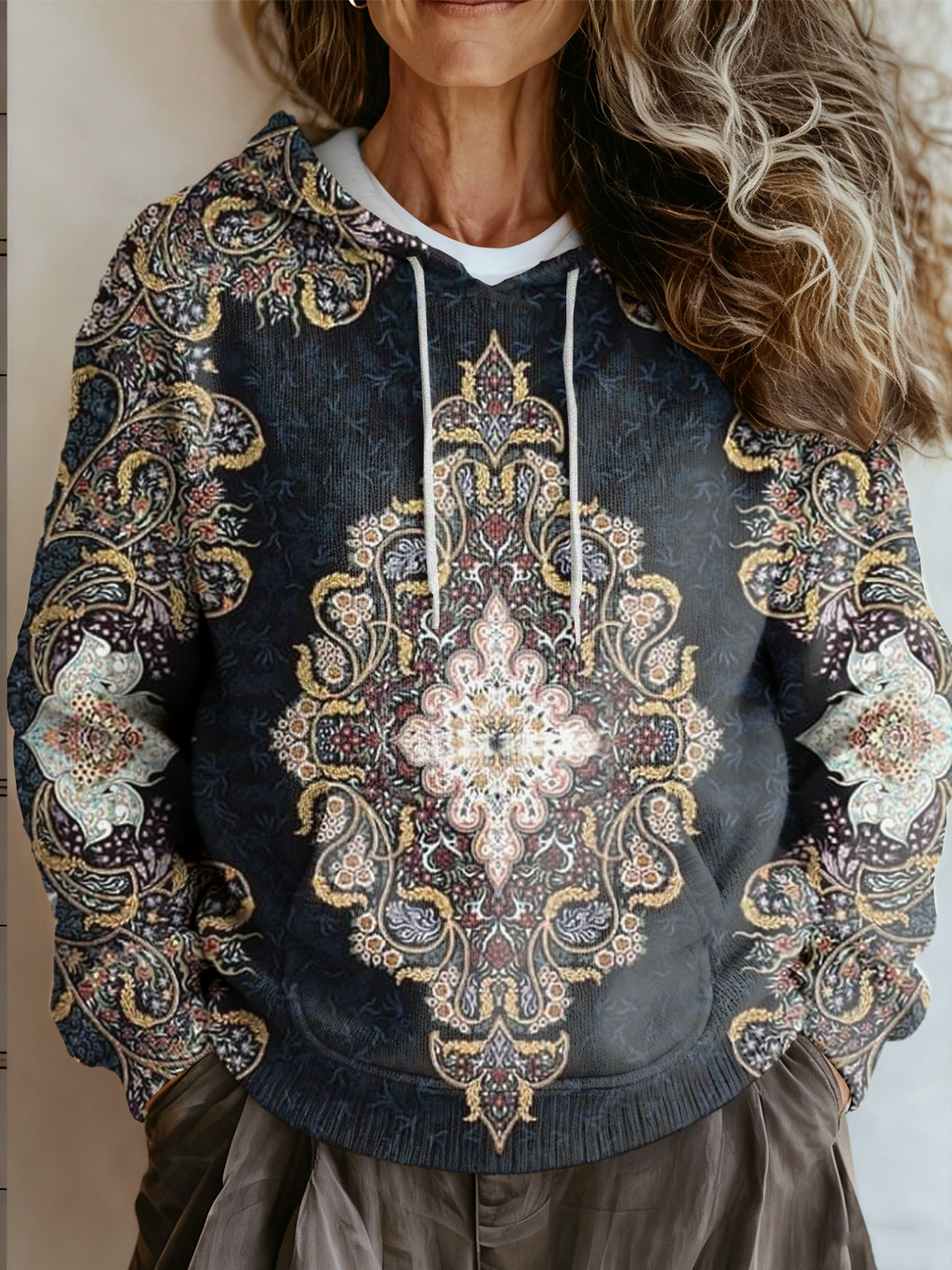 Women Ethnic Hoodie Daily Loose Long Sleeve H-Line Sweatshirt