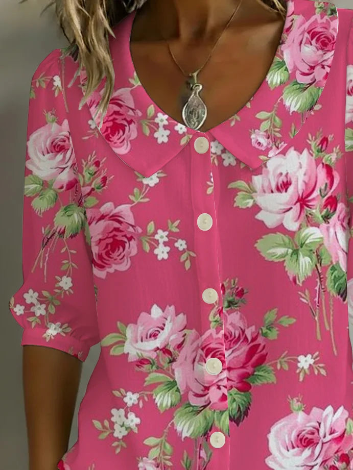 Women's Half Sleeve Shirt Summer Pink Floral Printing Shawl Collar Daily Going Out Casual Top